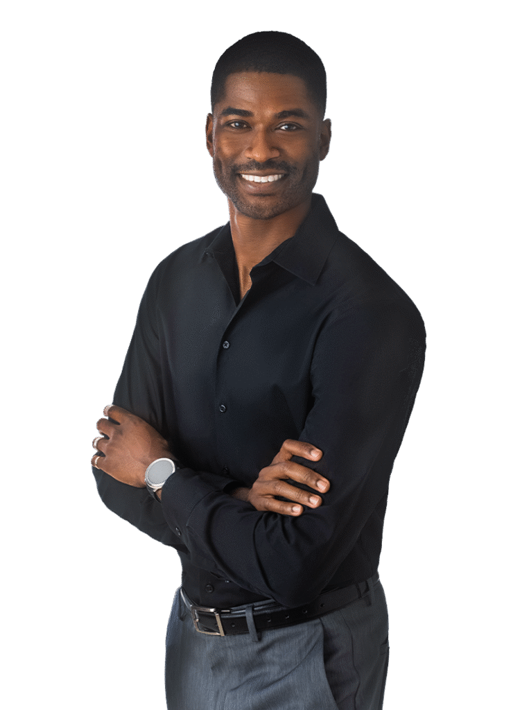 Man with black button down shirt and arms crossed